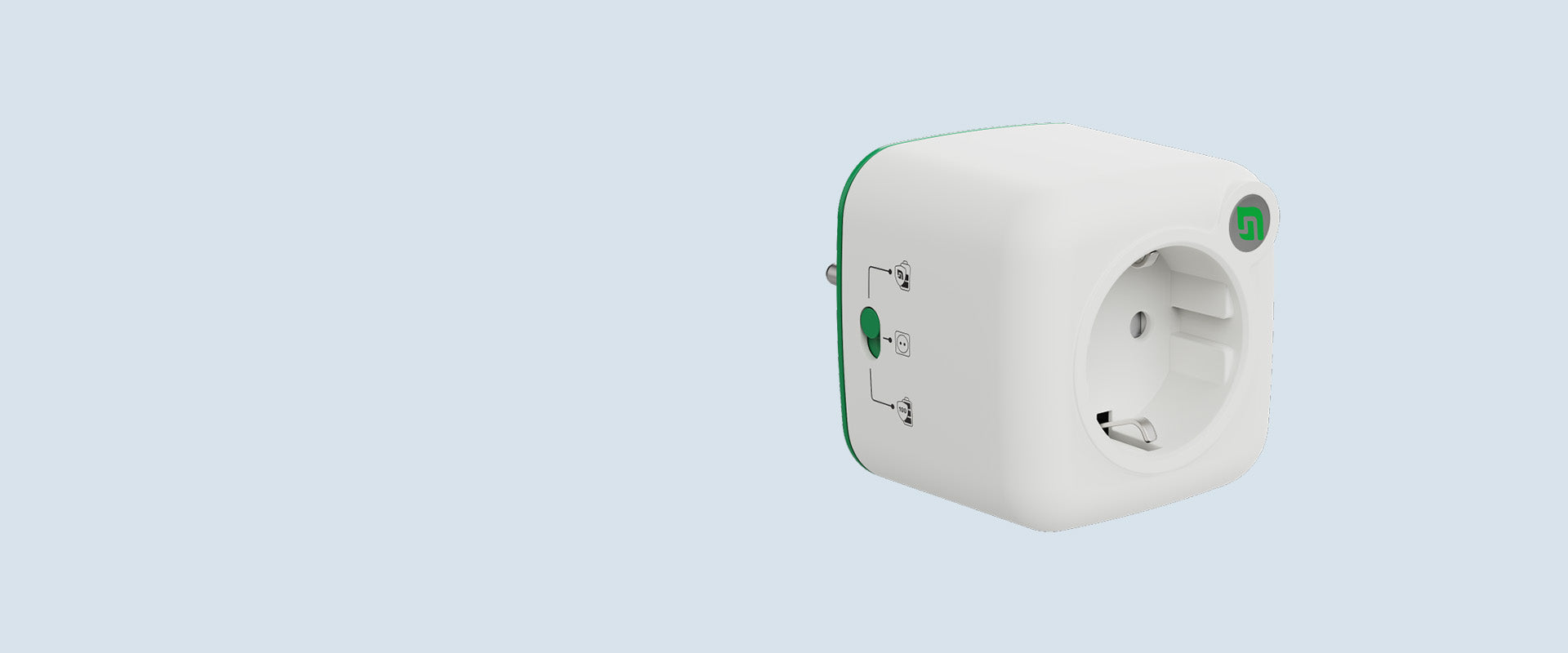 Nahaufnahme Akku Life Guard Steckdosenadapter, mit grünen Markierungen für Detailfunktionen und nachhaltigem Design