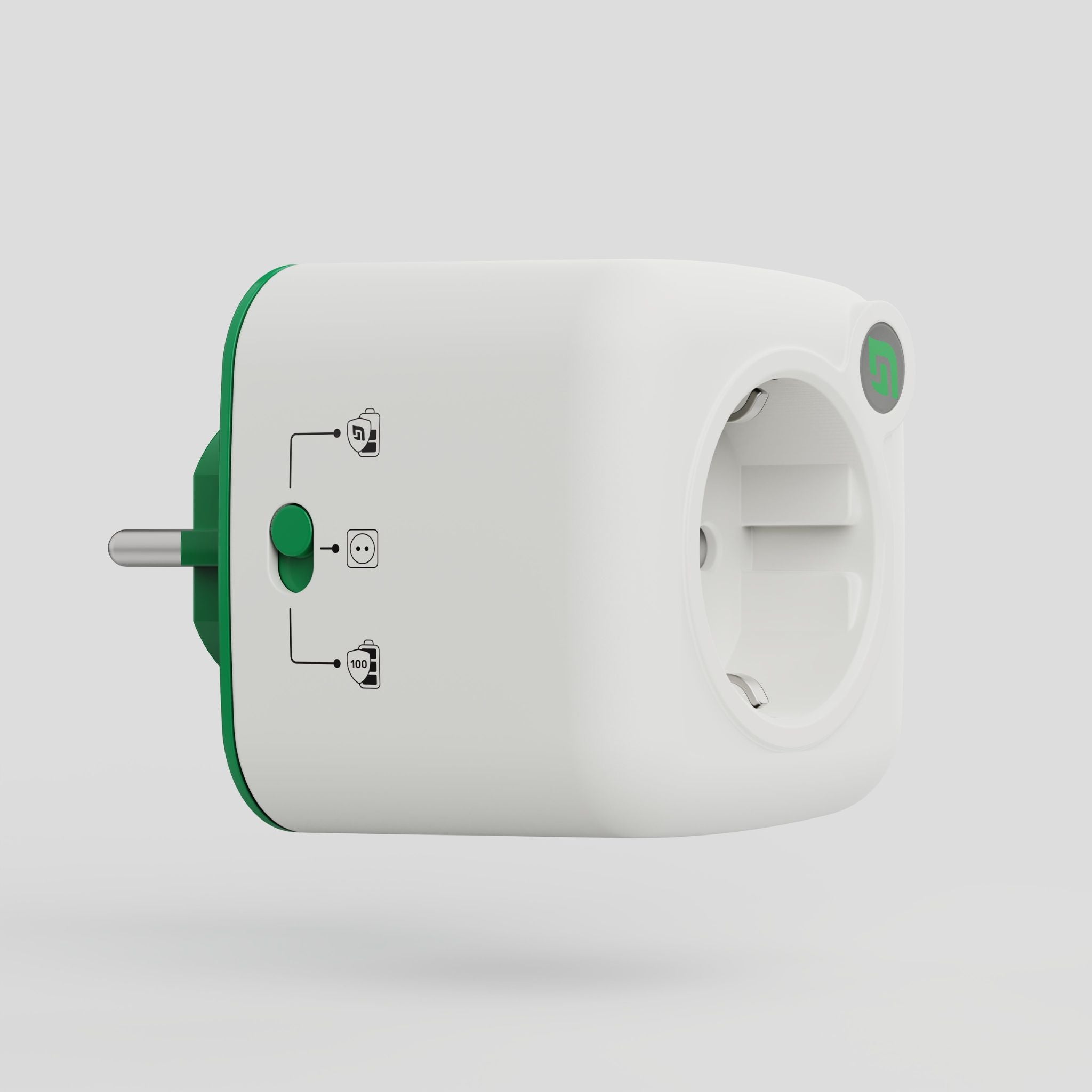 Akku Life Guard Produktfoto, seitliche Ansicht mit sichtbarer grüner Rückseite und Funktionssymbolen