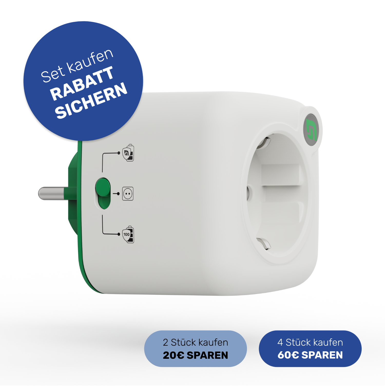 Akku Life Guard Steckdosenadapter mit Schiebeschalter, Set-Angebot mit Rabattaktion: 20 € sparen bei 2 Stück, 60 € sparen bei 4 Stück