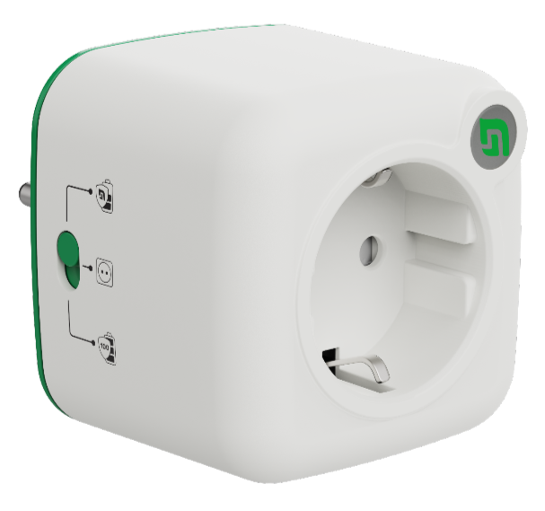Akku Life Guard Titelbild: kompakter weiß-grüner Steckdosenadapter auf weißem Hintergrund